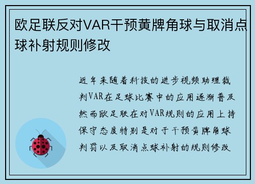 欧足联反对VAR干预黄牌角球与取消点球补射规则修改 欧足联反对VAR干预黄牌角球与取消点球补射规则修改