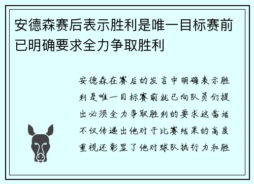 安德森赛后表示胜利是唯一目标赛前已明确要求全力争取胜利 安德森赛后表示胜利是唯一目标赛前已明确要求全力争取胜利