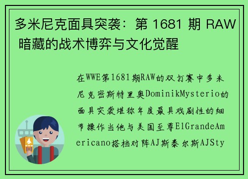 多米尼克面具突袭：第 1681 期 RAW 暗藏的战术博弈与文化觉醒