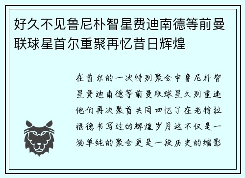 好久不见鲁尼朴智星费迪南德等前曼联球星首尔重聚再忆昔日辉煌 好久不见鲁尼朴智星费迪南德等前曼联球星首尔重聚再忆昔日辉煌
