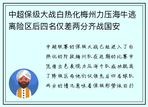 中超保级大战白热化梅州力压海牛逃离险区后四名仅差两分齐战国安 中超保级大战白热化梅州力压海牛逃离险区后四名仅差两分齐战国安